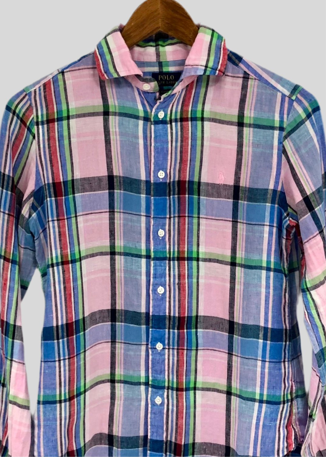 Camisa Polo Ralph Lauren 🏇🏼 de Lino con patron de cuadros tartán en color rosado, azul y verde Talla S Entalle Clásico