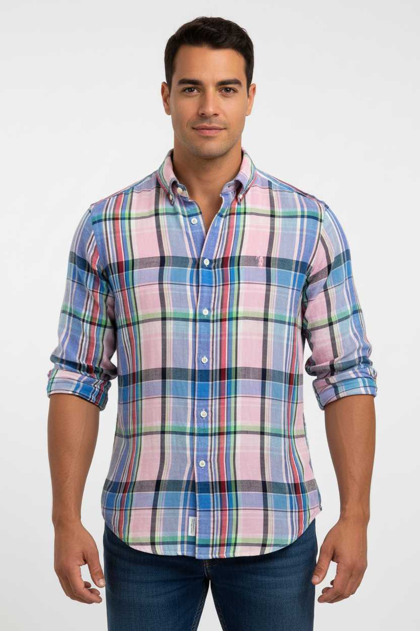 Camisa Polo Ralph Lauren 🏇🏼 de Lino con patron de cuadros tartán en color rosado, azul y verde Talla S Entalle Clásico