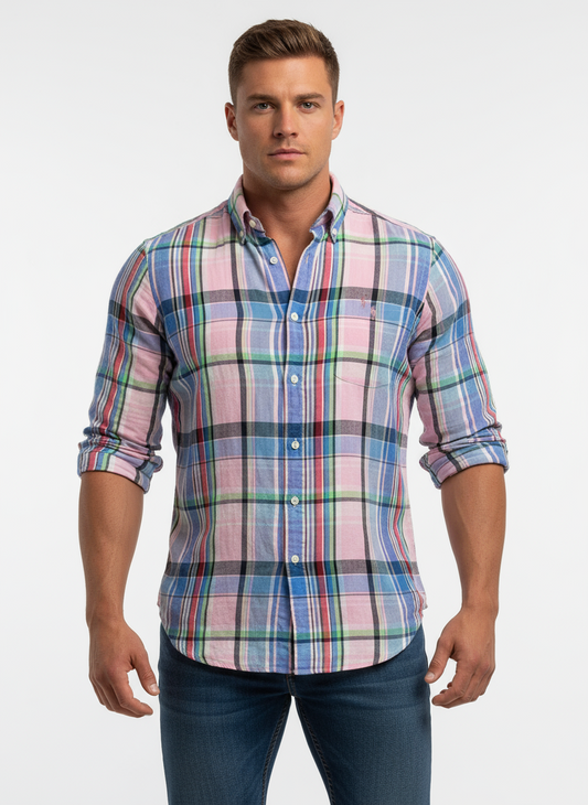 Camisa Polo Ralph Lauren 🏇🏼 de Lino con patron de cuadros tartán en color rosado, azul y verde Talla S Entalle Clásico