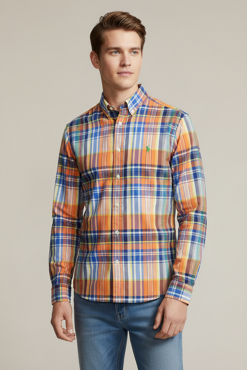 Camisa Polo Ralph Lauren 🏇🏼 de cuadros en naranja, azul, amarillo y blanco Talla XL (18) de niño Entalle Regular