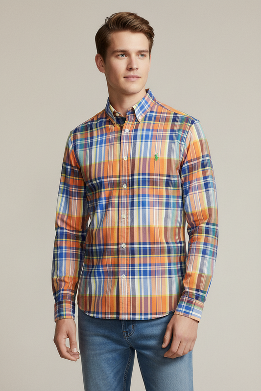 Camisa Polo Ralph Lauren 🏇🏼 de cuadros en naranja, azul, amarillo y blanco Talla XL (18) de niño Entalle Regular