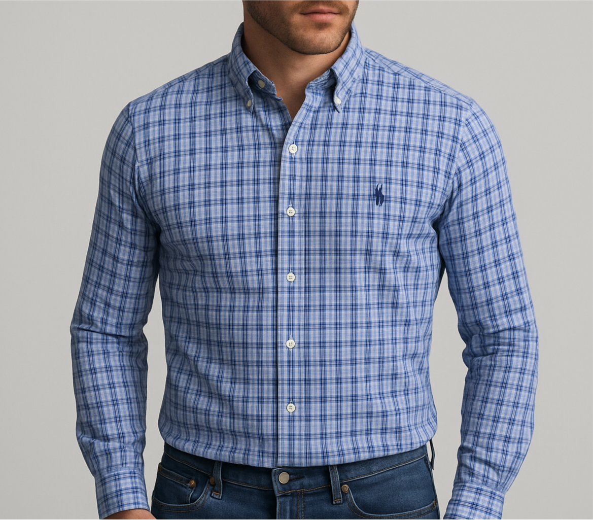 Camisa Polo Ralph Lauren 🏇🏼 color blanco con patrón de cuadros azul y celeste Talla S Entalle Slim Fit