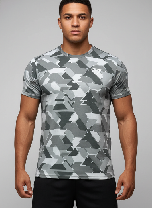 Camiseta de entrenamiento cuello redondo Gymshark 🏋🏽 con diseño tríptico en color gris y blanco manga corta Talla M