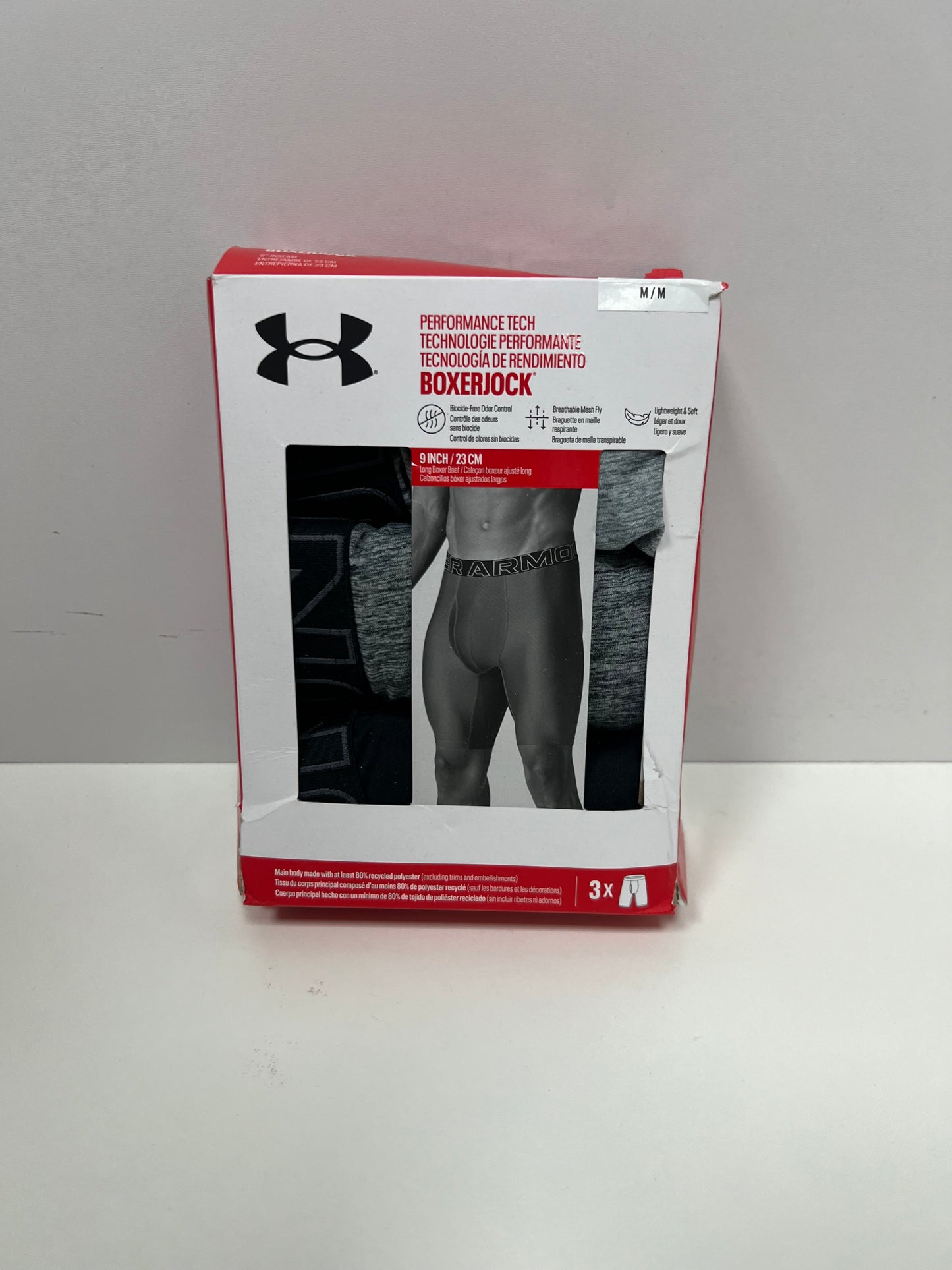 Combo de 3 Boxers Briefs Under Armour 🏋🏽 Tela Performance Tech de 9” de largo color negro, gris claro y oscuro Talla M