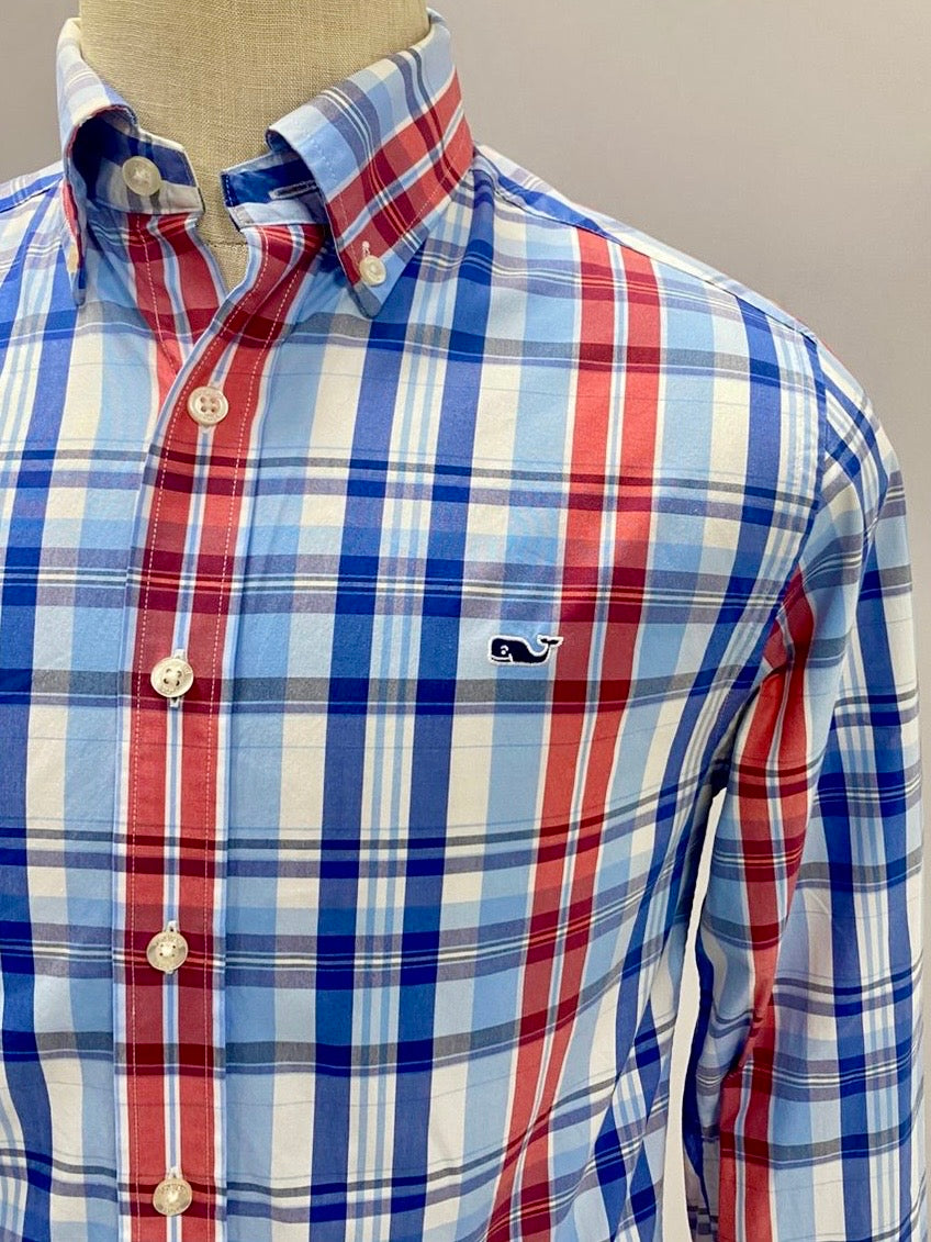 Camisa de botones Vineyard Vines 🐳 de cuadros en color rojo, azul y blanco Talla M Entalle Slim Fit