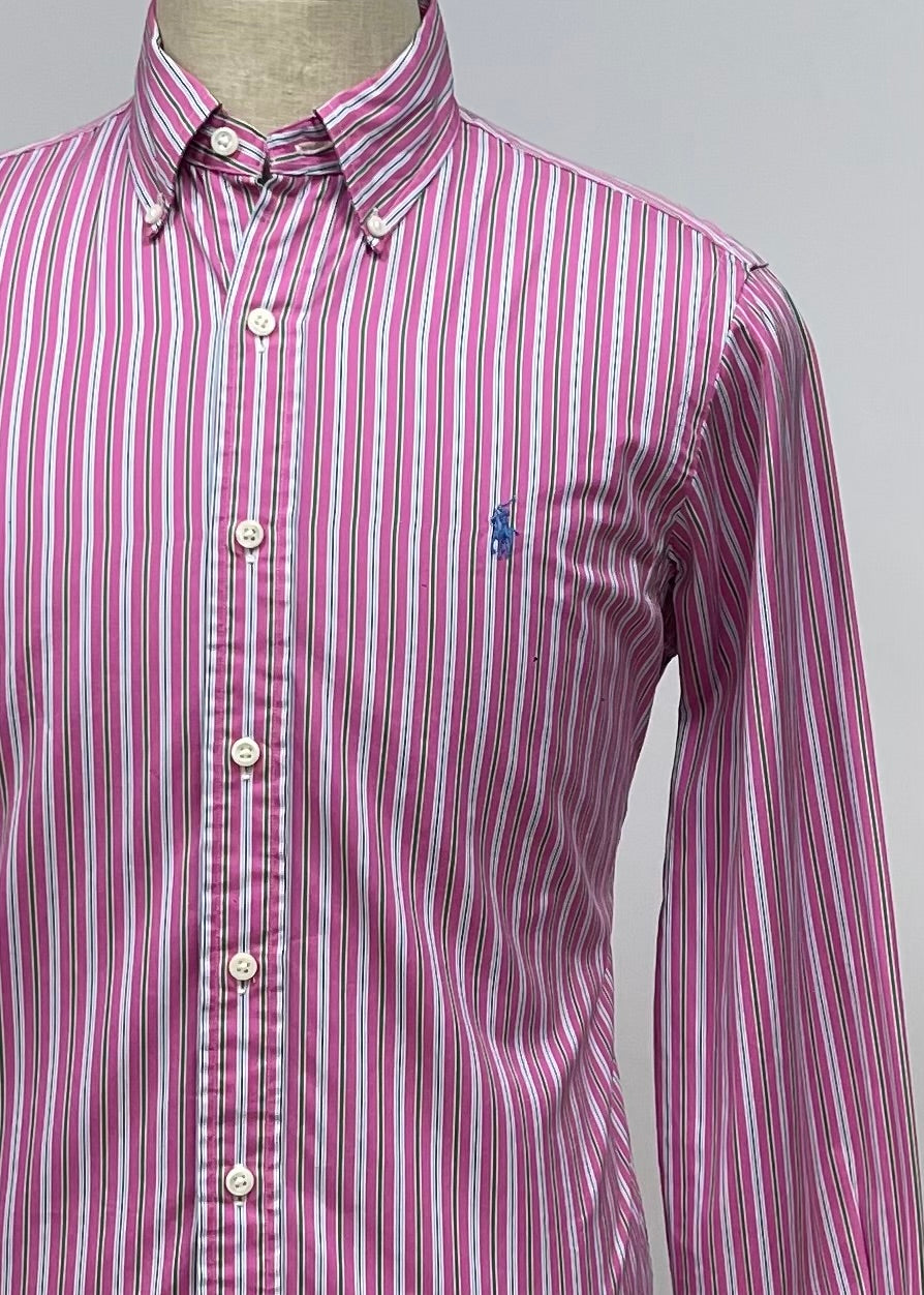 Camisa Polo Ralph Lauren 🏇🏼 con rayas en color rosado, verde y blanco Talla S Entalle Regular