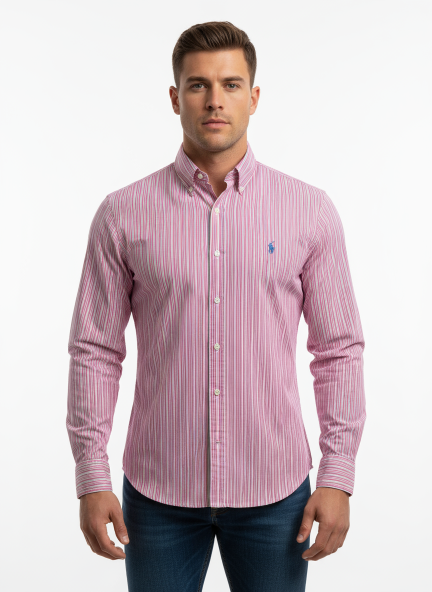 Camisa Polo Ralph Lauren 🏇🏼 con rayas en color rosado, verde y blanco Talla S Entalle Regular
