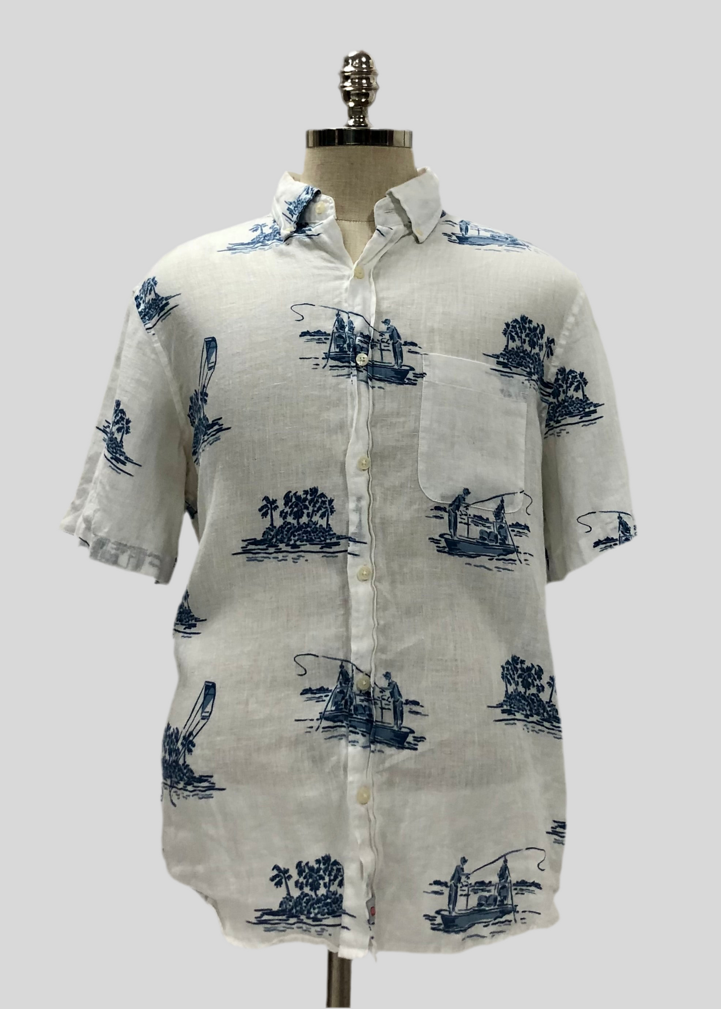 Camisa de lino Vineyard Vines 🐳 color blanco con diseño de pesca en color azul Talla L Entalle Clásico