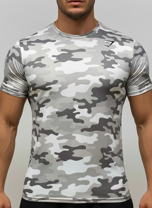 Camiseta de entrenamiento cuello redondo Gymshark 🏋🏽 con diseño de camuflaje en color gris y blanco manga corta Talla S