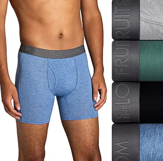 Paquete de 4 Calzoncillos tipo Boxer Fruit of the Loom 🍊 de algodón en color azul, gris y verde - en Talla XL