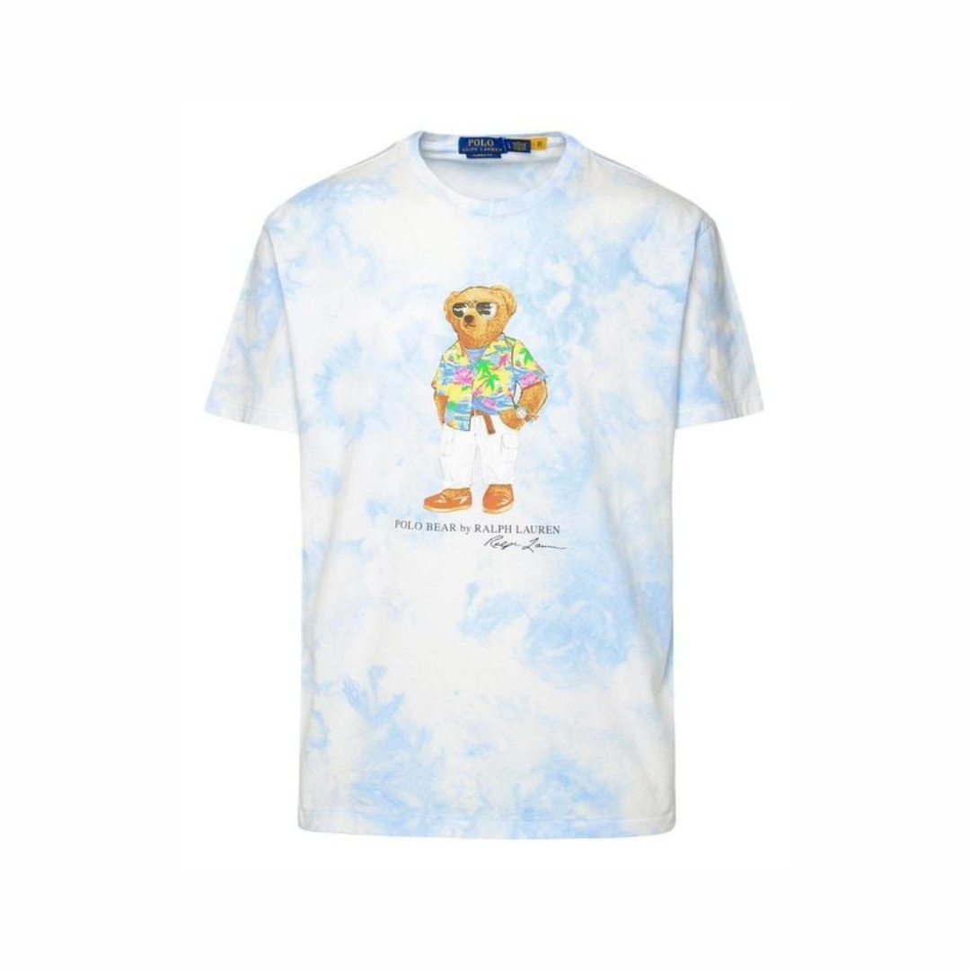 Camiseta cuello redondo Polo Ralph Lauren 🏇🏼 Tye dye color celeste y blanco con diseño de polo bear Talla XXL Entalle Clásico