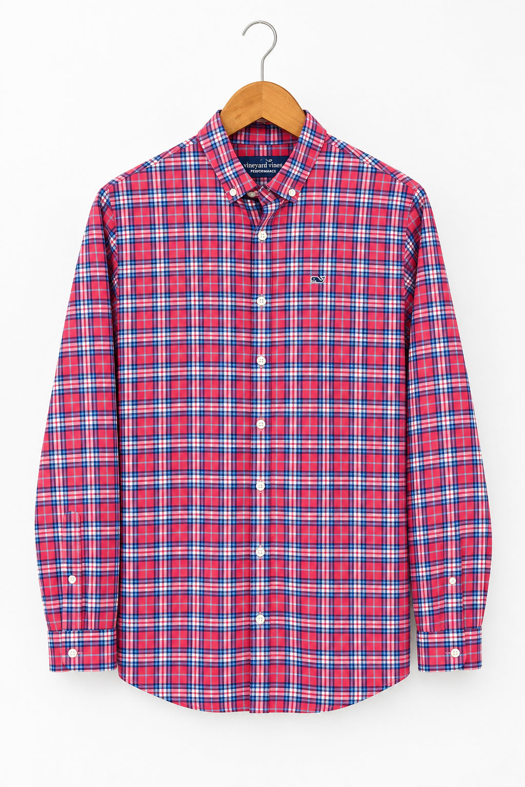 Camisa de niño Vineyard Vines 🐳 Performance de cuadros en color rojo, azul y blanco Talla L Entalle Regular