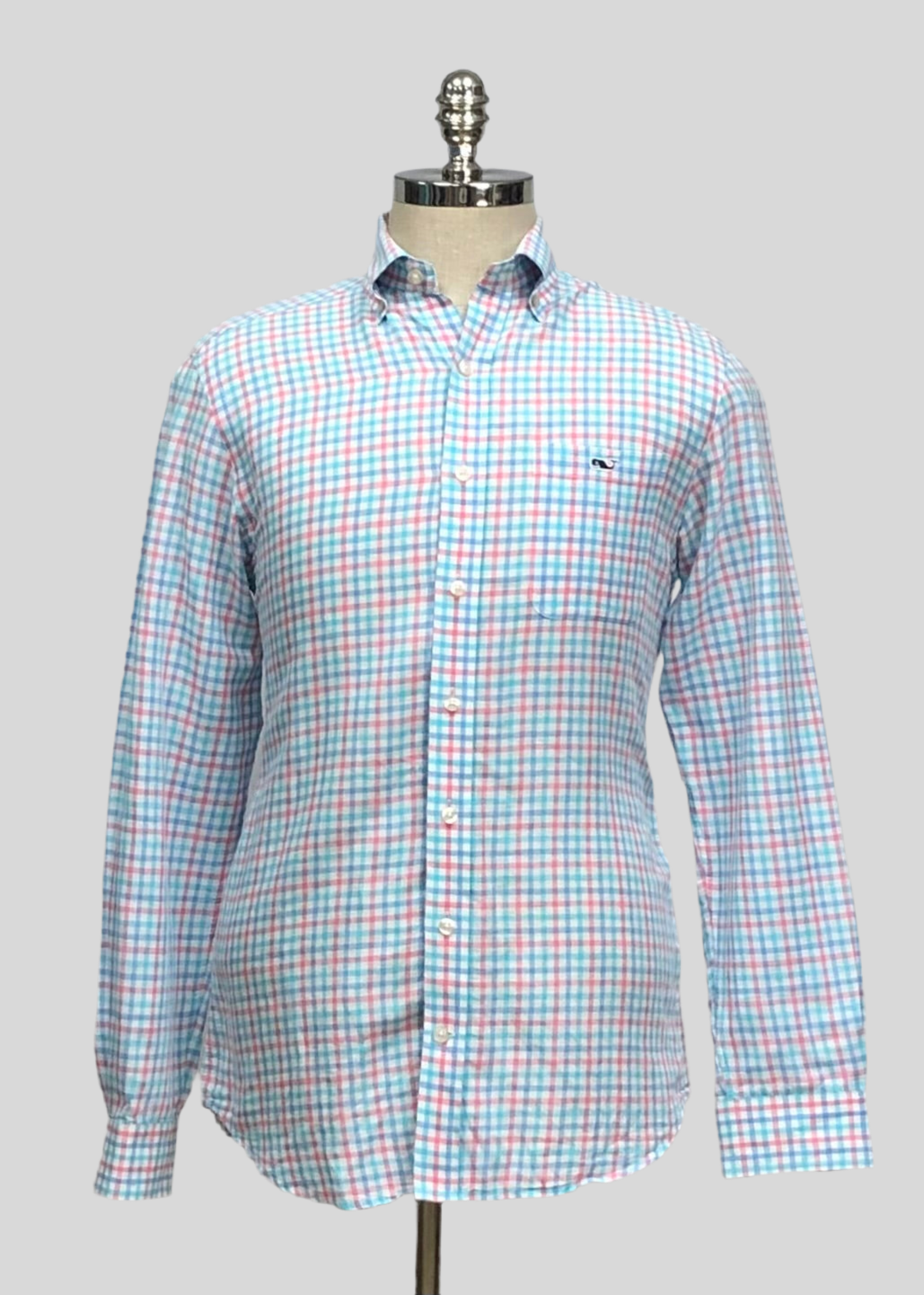 Camisa de botones Vineyard Vines 🐳 De Lino color Blanco con patrón de cuadros en azul y rosado Talla S Entalle Slim Fit