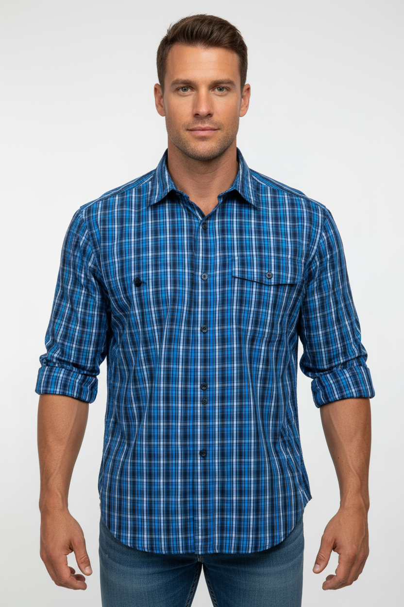 Camisa de botones Columbia 🔹 con patrón de cuadros en color azul, celeste y blanco con Omni-Wick Talla L