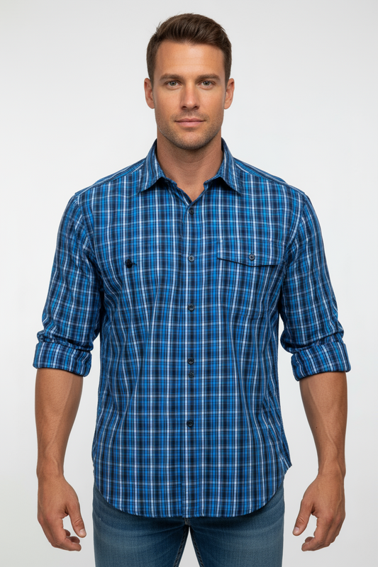 Camisa de botones Columbia 🔹 con patrón de cuadros en color azul, celeste y blanco con Omni-Wick Talla L