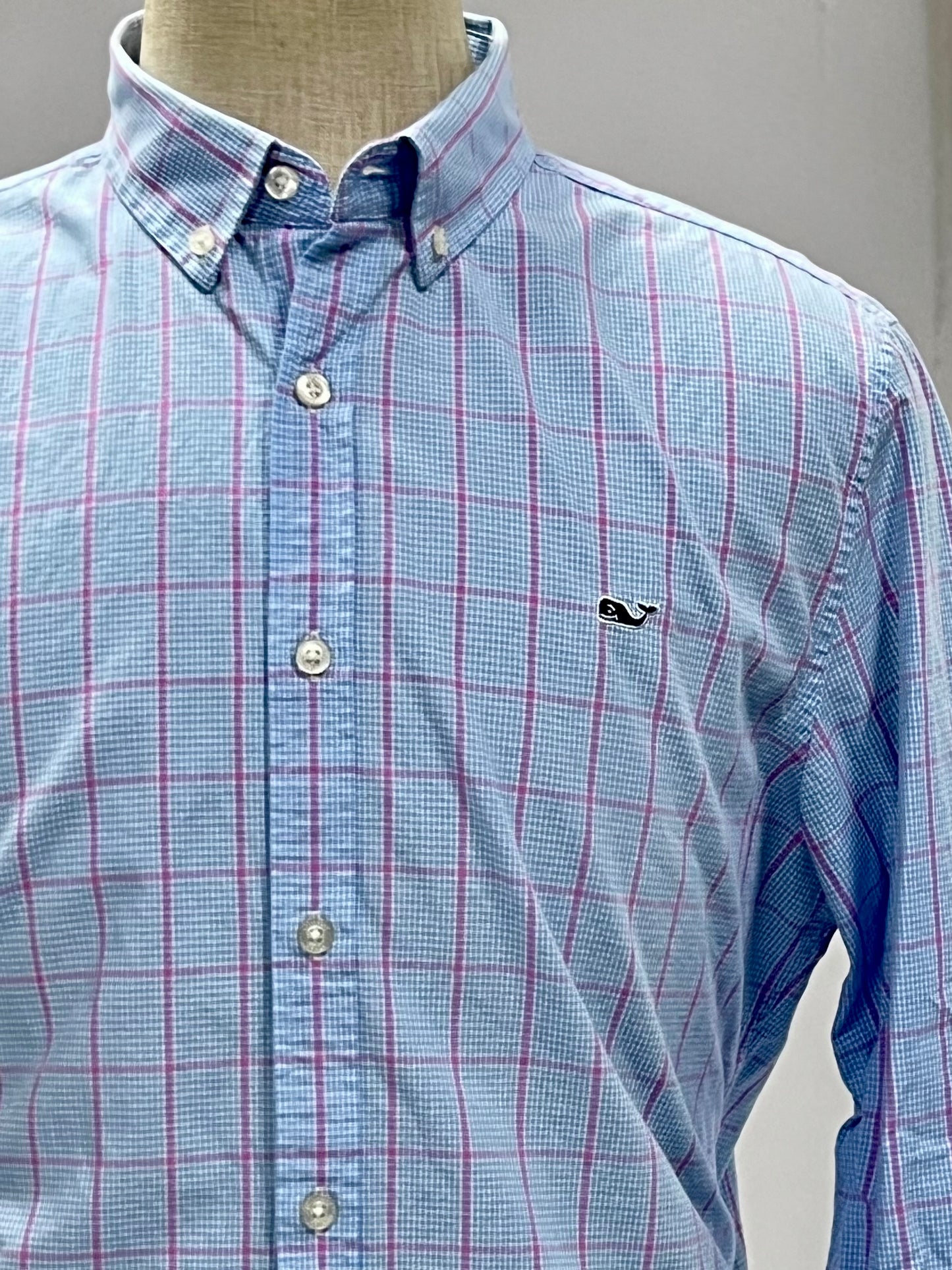 Camisa de botones Vineyard Vines 🐳 de cuadros en celeste, rosado y blanco Talla L Entalle Slim Fit