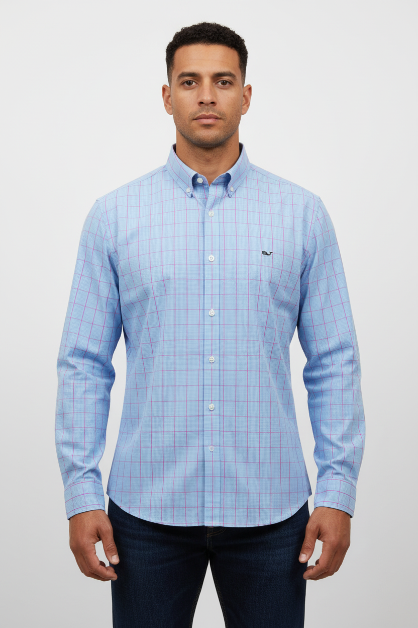 Camisa de botones Vineyard Vines 🐳 de cuadros en celeste, rosado y blanco Talla L Entalle Slim Fit