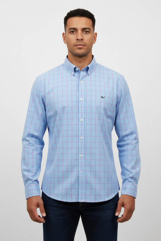 Camisa de botones Vineyard Vines 🐳 de cuadros en celeste, rosado y blanco Talla L Entalle Slim Fit