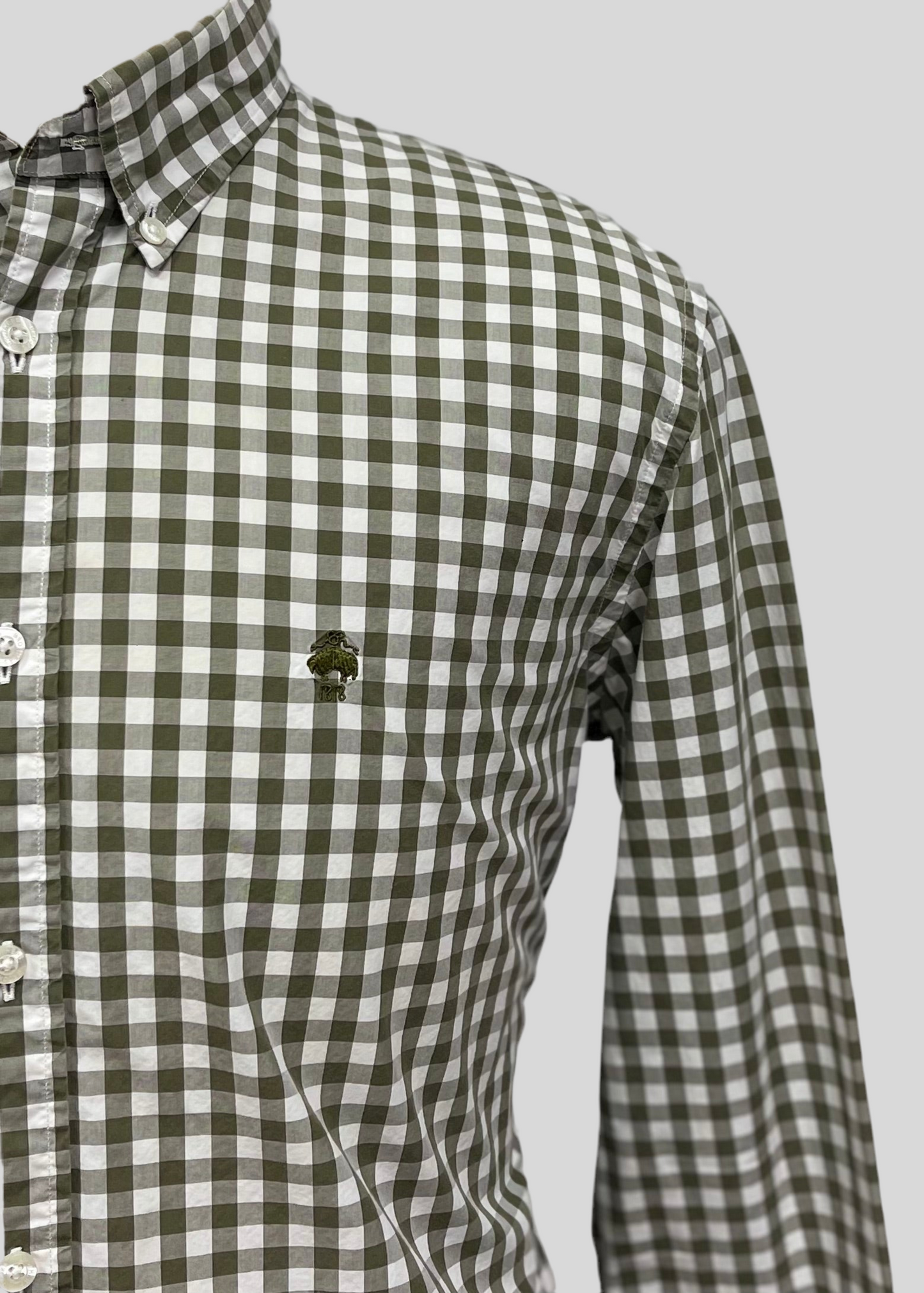 Camisa Brooks Brothers 🐑 con patron de cuadros gingham en verde oliva y blanco Talla L Entalle Regular (ver descripción)