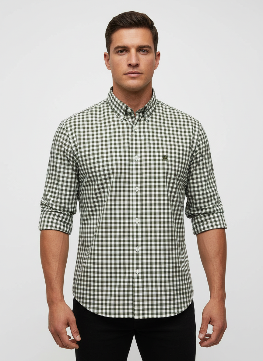 Camisa Brooks Brothers 🐑 con patron de cuadros gingham en verde oliva y blanco Talla L Entalle Regular (ver descripción)