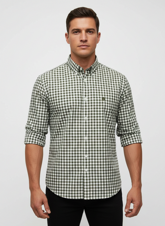 Camisa Brooks Brothers 🐑 con patron de cuadros gingham en verde oliva y blanco Talla L Entalle Regular (ver descripción)