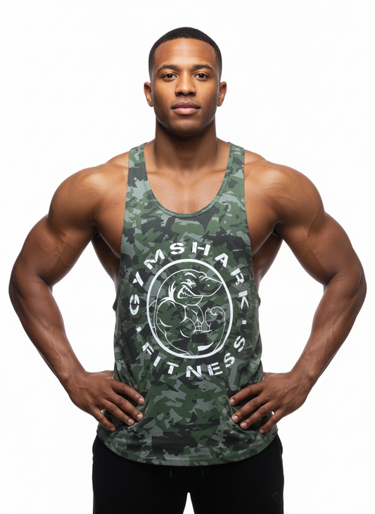 Camiseta de entrenamiento sin mangas Gymshark 🏋🏽 Diseño de camuflaje en color verde y gris Talla S