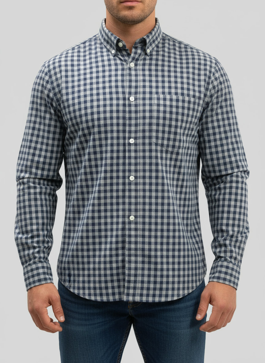 Camisa de botones Old Navy de cuadros color gris y azul navy Talla L Entalle Regular