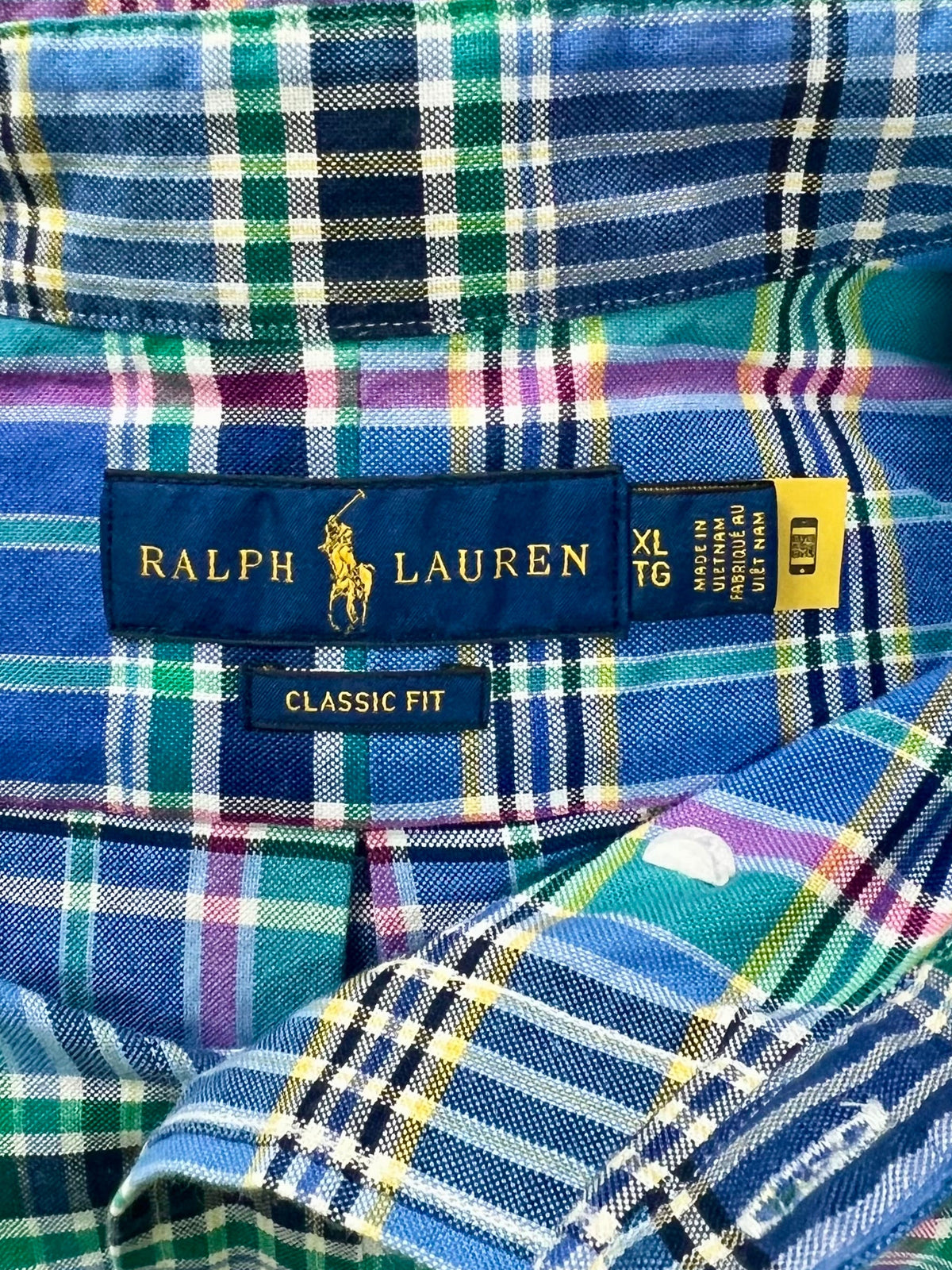 Camisa de botones Polo Ralph Lauren 🏇🏼 Oxford color blanco de cuadros azul, verde y amarillo Talla XL Entalle Regular