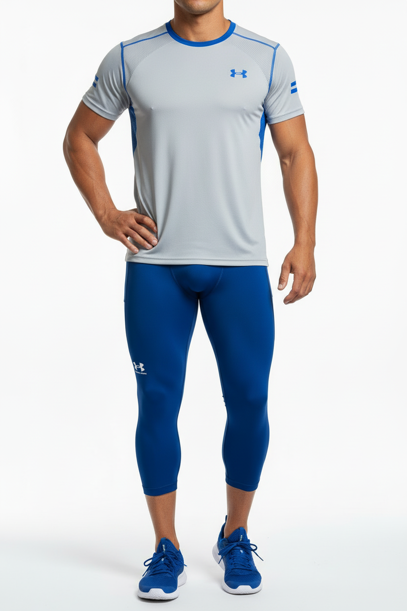 Malla de entrenamiento licra Under Armour 🏋🏽 Pro Dri-FIT 3/4 para hombre en Color azul y cintura negro Talla L