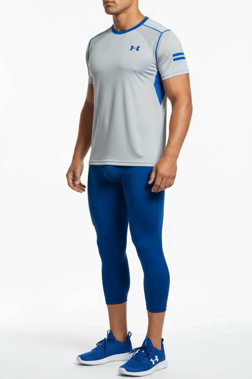 Malla de entrenamiento licra Under Armour 🏋🏽 Pro Dri-FIT 3/4 para hombre en Color azul y cintura negro Talla L