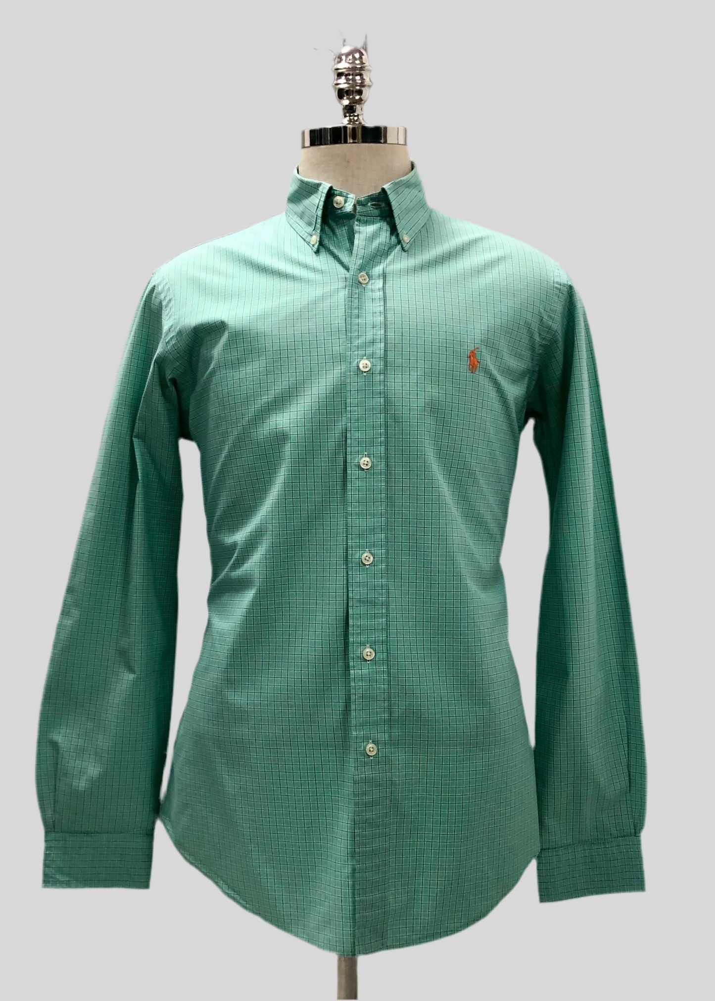 Camisa Polo Ralph Lauren 🏇🏼 color verde claro con patron de cuadro azul y blanco Talla M Entalle Custom Fit