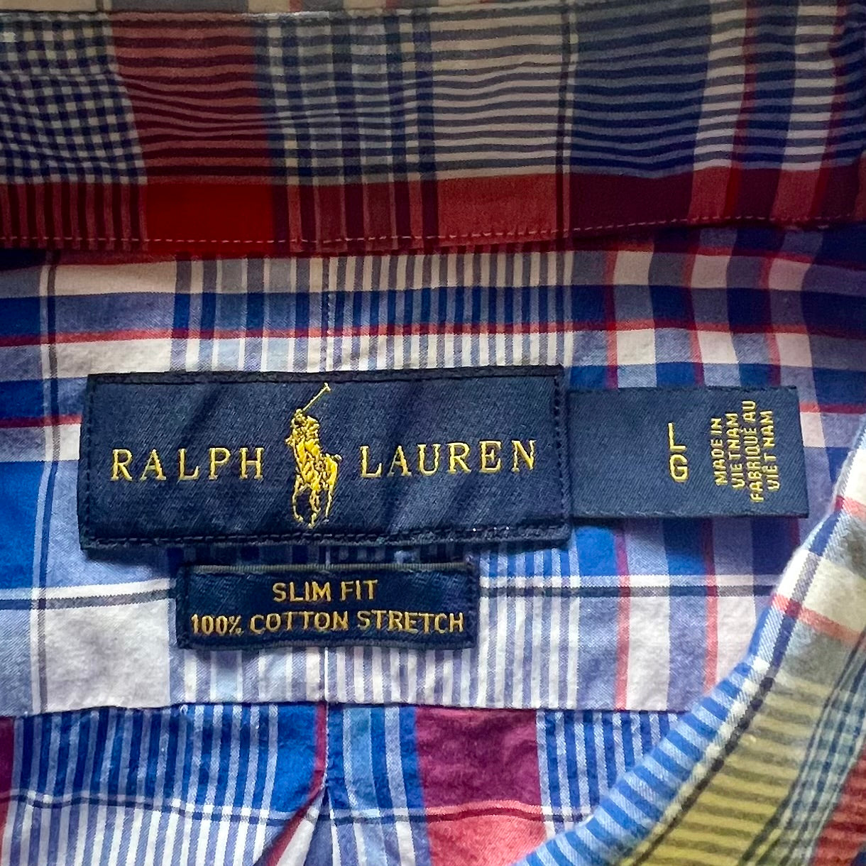 Camisa Polo Ralph Lauren 🏇🏼 color blanco con patrón de cuadros tartán azul y rojo Talla L Entalle Slim Fit