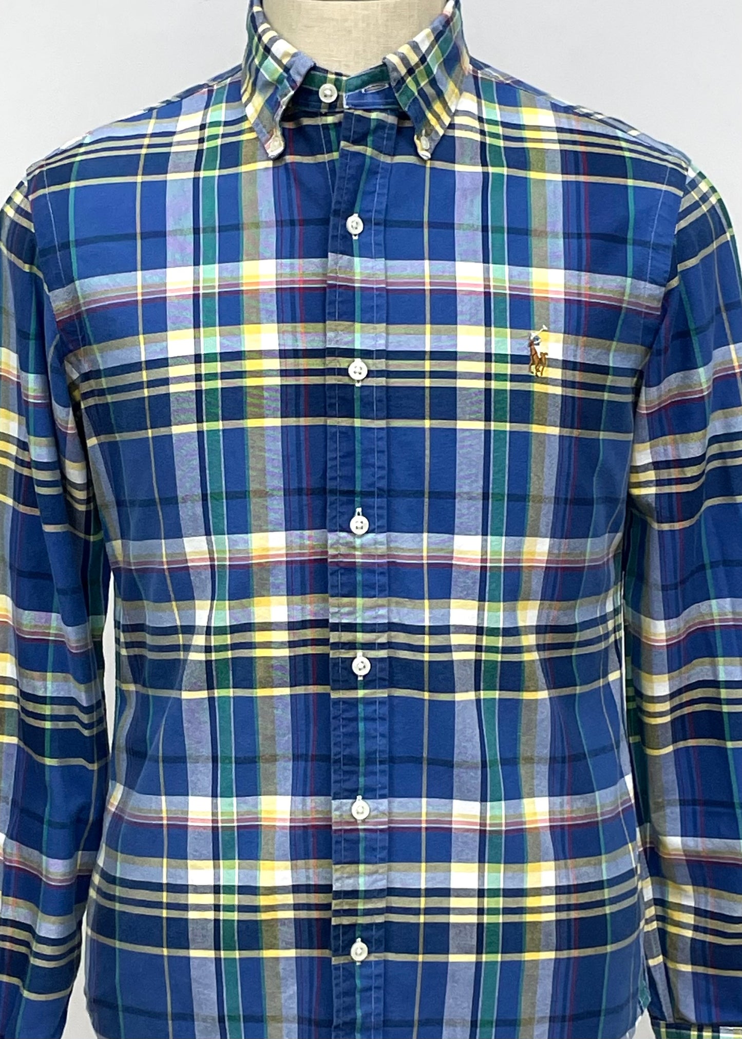 Camisa de botones Polo Ralph Lauren 🏇🏼 Oxford color azul de cuadros blanco, verde y amarillo Talla L Entalle Regular