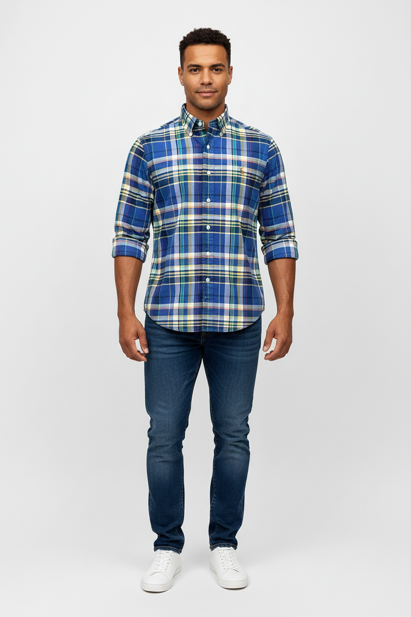 Camisa de botones Polo Ralph Lauren 🏇🏼 Oxford color azul de cuadros blanco, verde y amarillo Talla L Entalle Regular