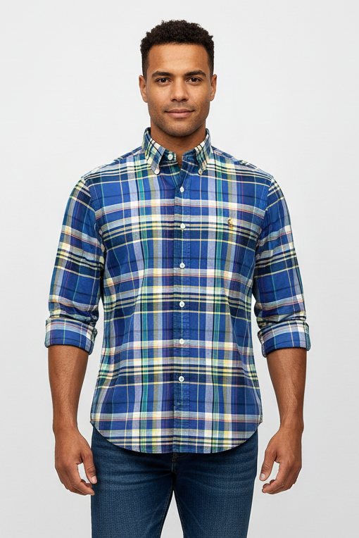 Camisa de botones Polo Ralph Lauren 🏇🏼 Oxford color azul de cuadros blanco, verde y amarillo Talla L Entalle Regular