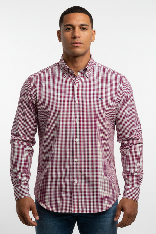 Camisa de botones Vineyard Vines 🐳 Color blanco de cuadros en color rojo y morado Talla M Entalle Regular