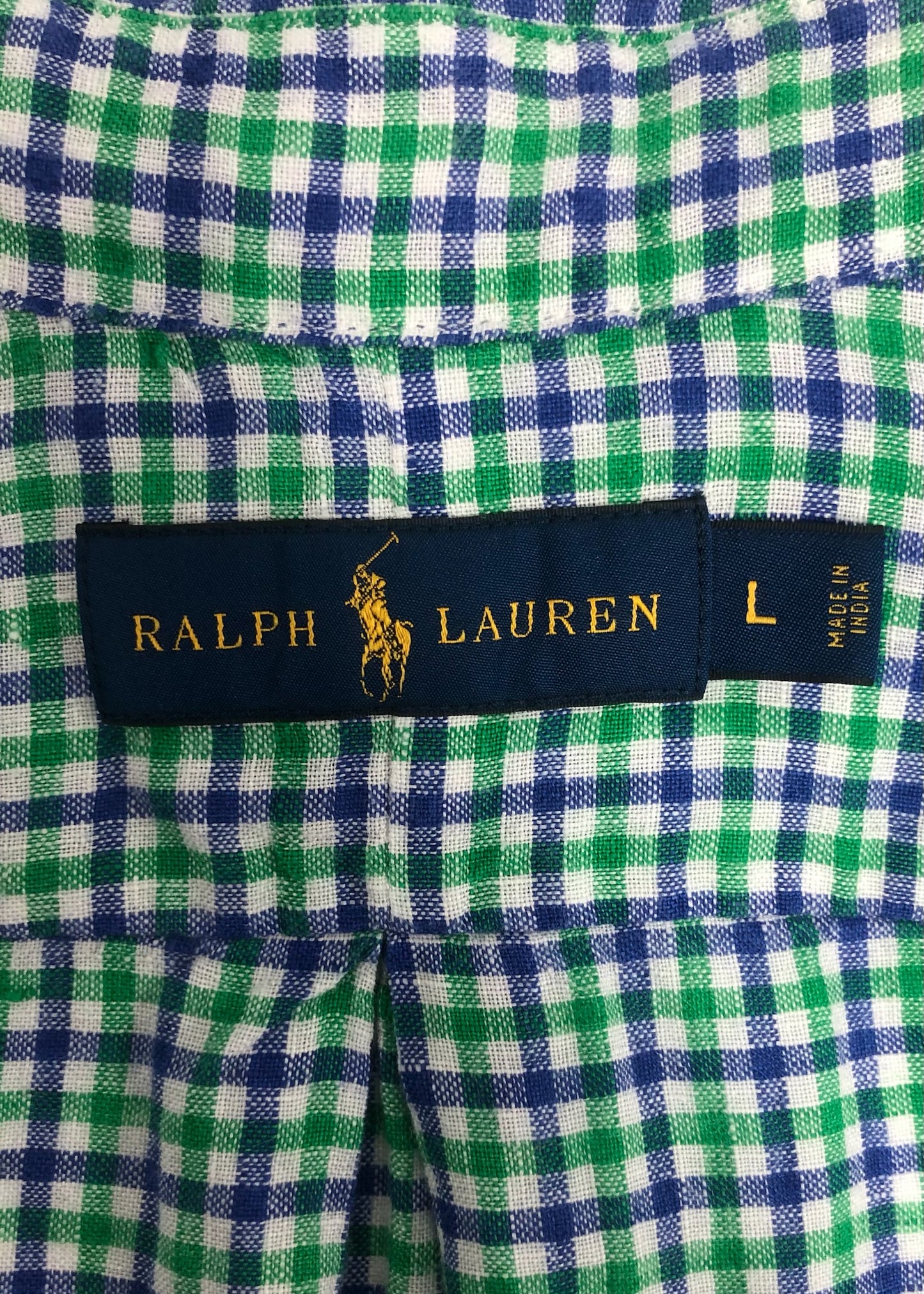 Camisa Polo Ralph Lauren 🏇🏼 De lino con patrón de cuadros verde, azul y blanco Talla L Entalle Regular