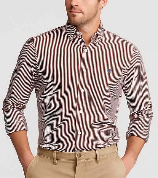 Camisa Polo Ralph Lauren 🏇🏼 Performance color blanco con patrón de rayas en rojo oscuro Talla L Entalle Slim Fit