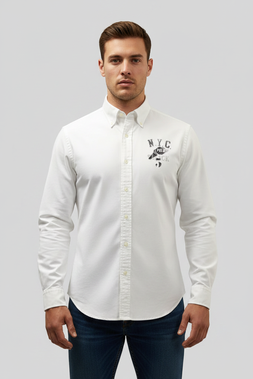 Camisa de botones Polo Ralph Lauren 🏇🏼 Oxford color blanco con diseño NYC Talla L Entalle Regular