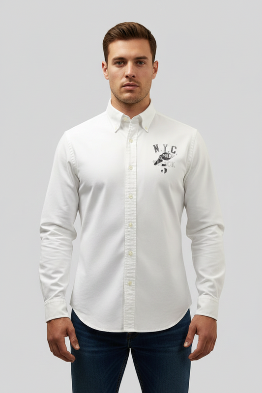 Camisa de botones Polo Ralph Lauren 🏇🏼 Oxford color blanco con diseño NYC Talla L Entalle Regular