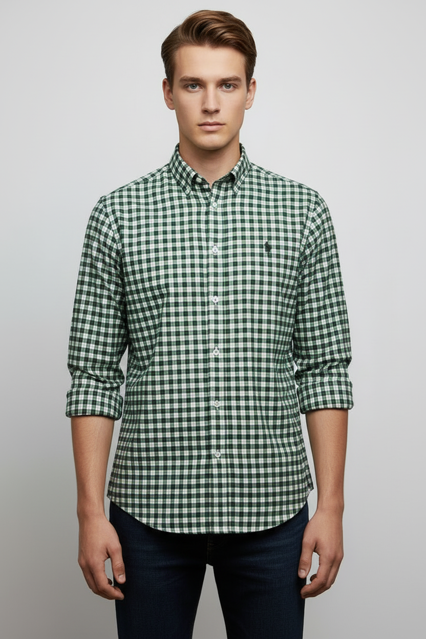 Camisa de niño Polo Ralph Lauren 🏇🏼 color blanco con patron de cuadros en color verde Talla XL Entalle Regular