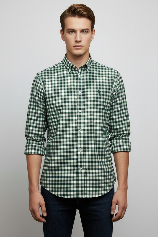 Camisa de niño Polo Ralph Lauren 🏇🏼 color blanco con patron de cuadros en color verde Talla XL Entalle Regular