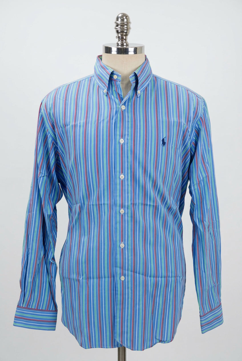 Camisa de botones Polo Ralph Lauren 🏇🏼 color azul de rayas en verde, rojo y blanco Talla L Entalle Clásico