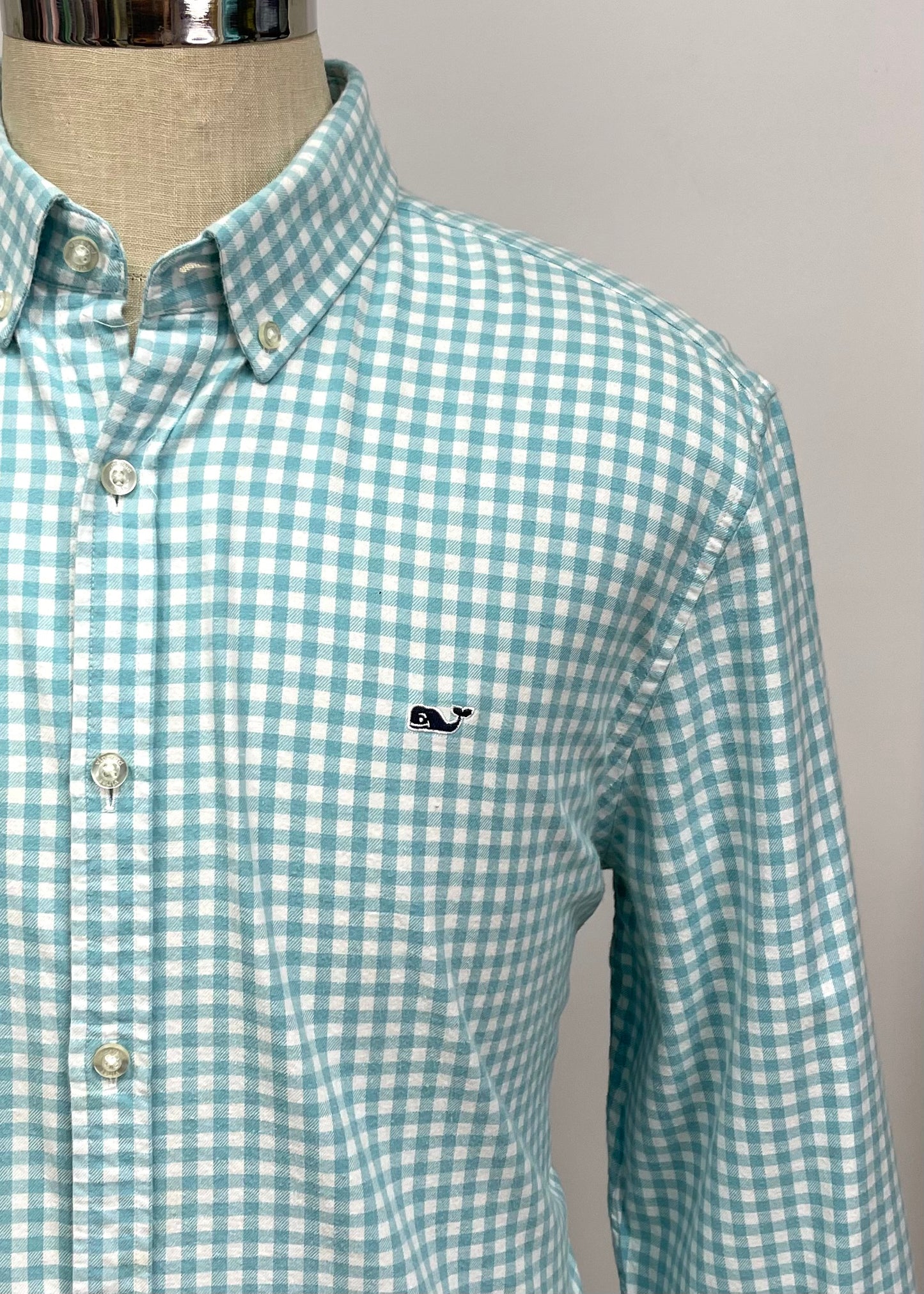 Camisa de cuadros Vineyard Vines 🐳 de cuadros gingham en color turquesa y blanco Talla XL Entalle Slim Fit