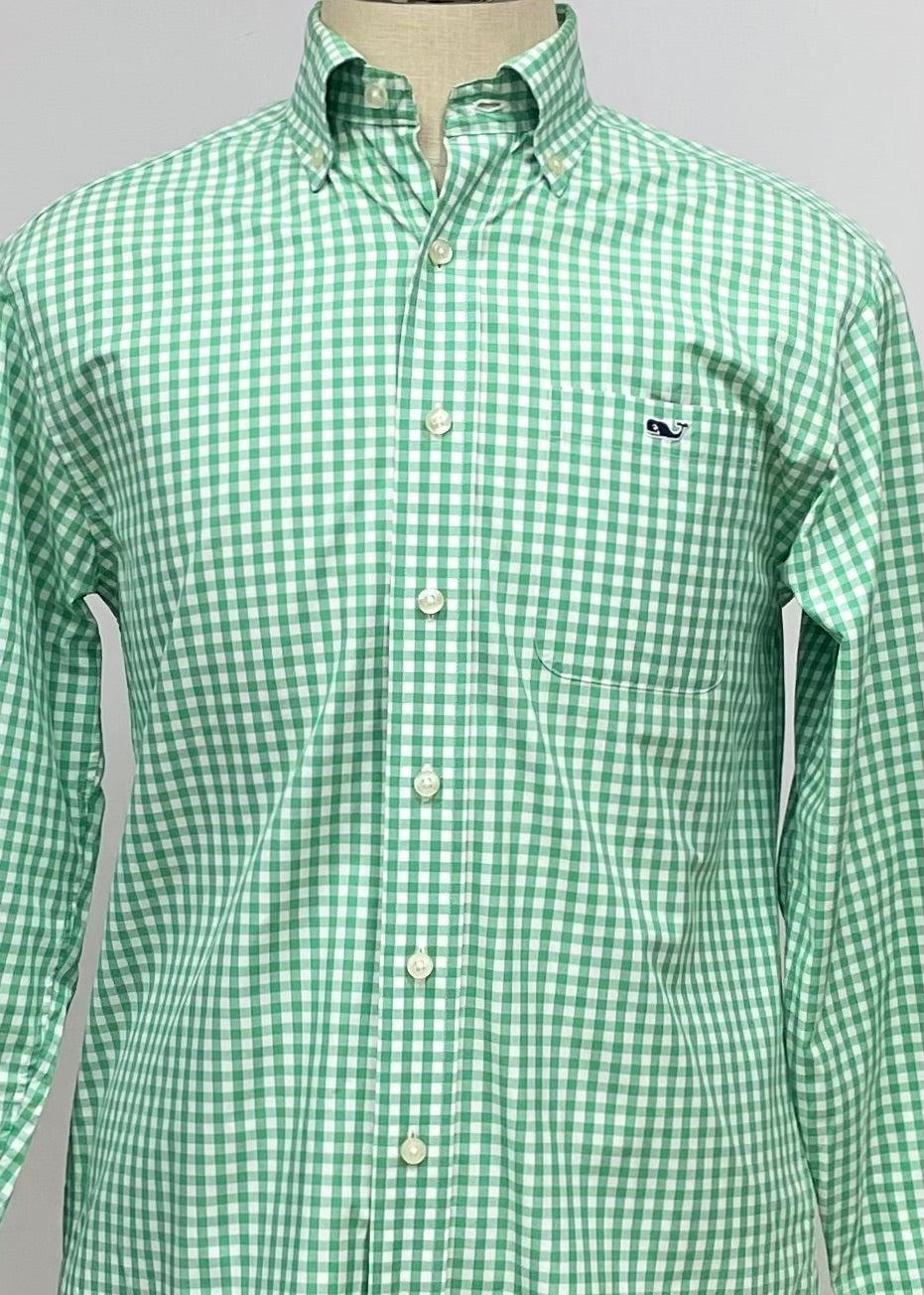 Camisa Vineyard Vines 🐳 con patron de cuadros gingham verde y blanco Talla S Entalle Regular