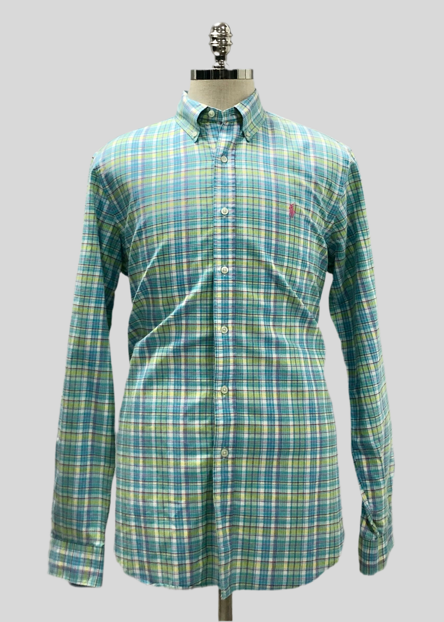 Camisa Polo Ralph Lauren 🏇🏼 Oxford de cuadros tartán celeste, verde y blanco Talla L Entalle Regular