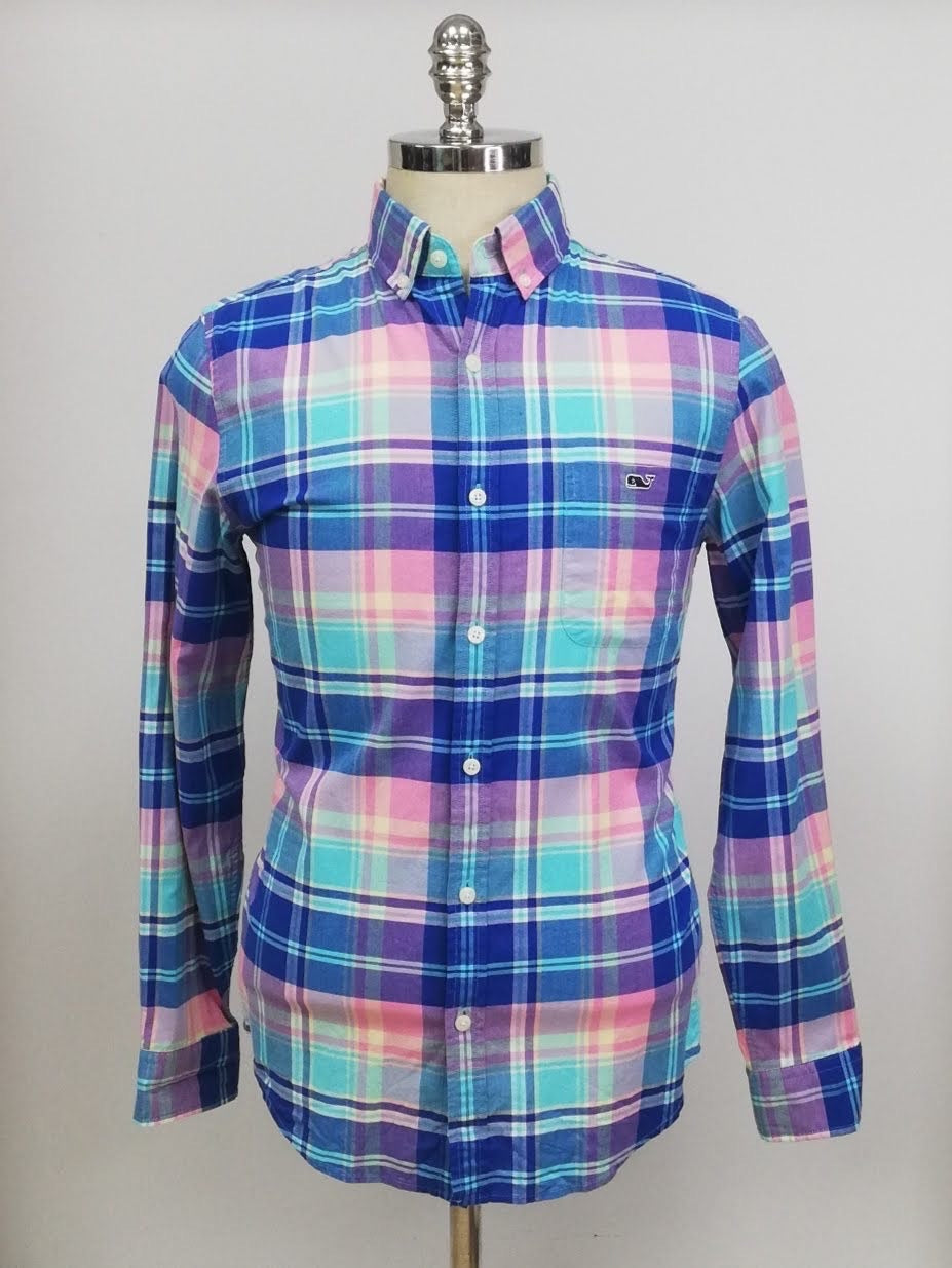 Camisa de botones Vineyard Vines 🐳 con patrón de cuadros en color turquesa, lila y azul Talla S Entalle Slim Fit