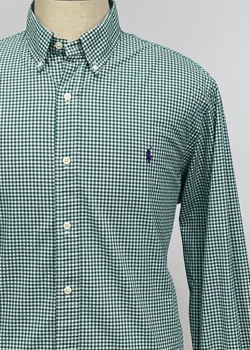 Camisa Polo Ralph Lauren 🏇🏼 con patrón de cuadros gingham verde oscuro y blanco Talla XL Entalle Clasico