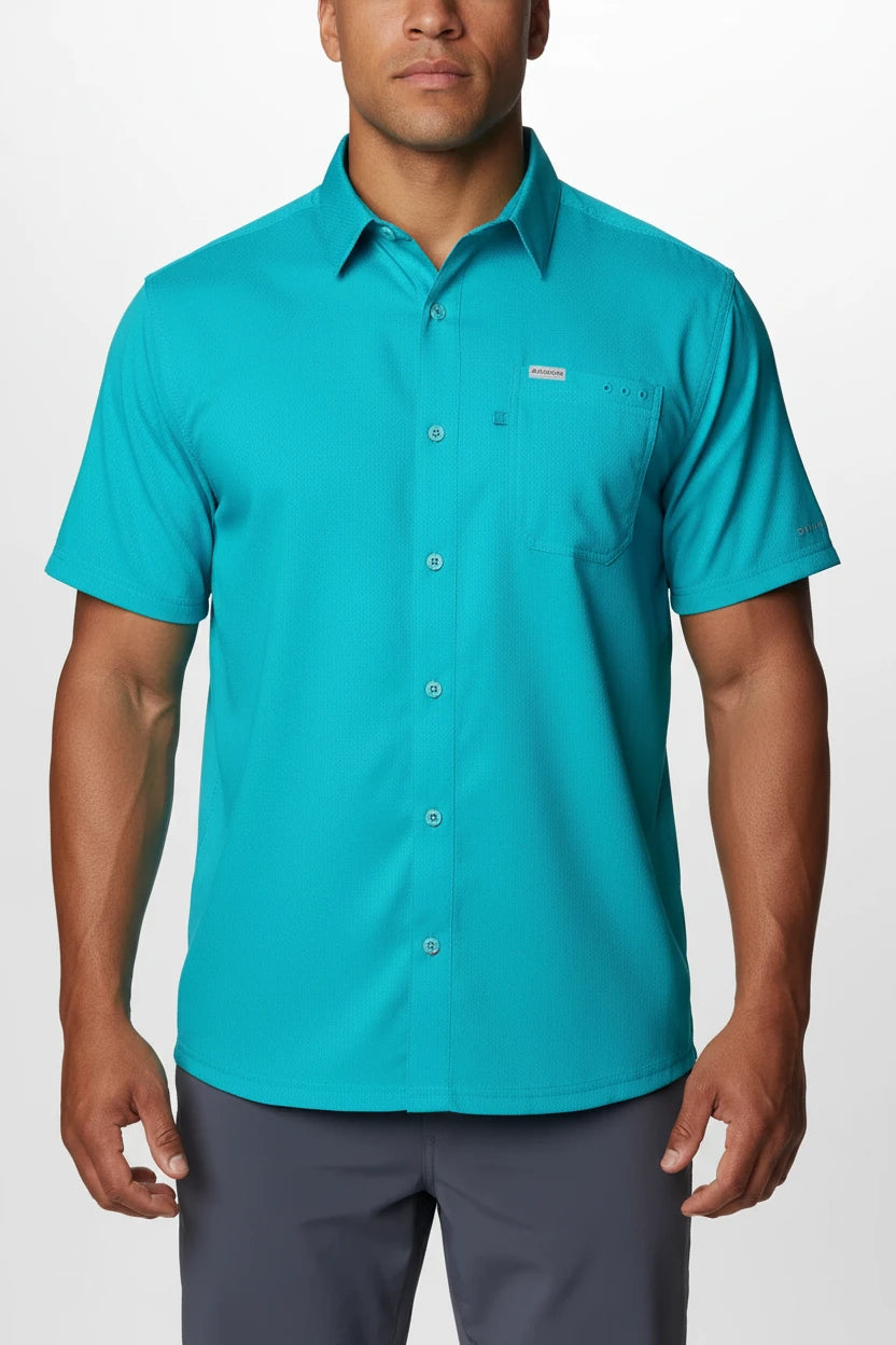 Camisa Columbia 🔹Modelo Slack Tide color Turquesa con Omni Shade Manga corta