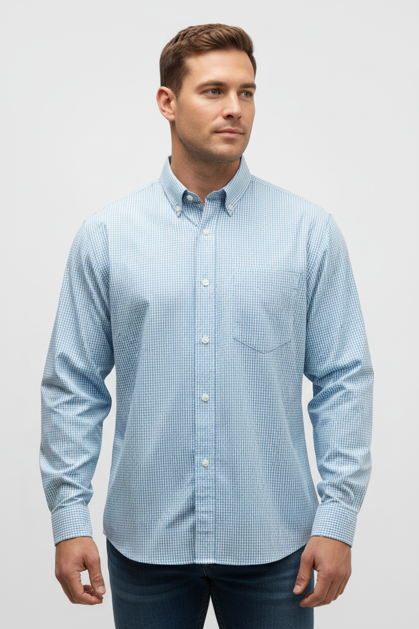 Camisa de botones Crown & Ivy 👑 De cuadros gingham en color celeste y blanco Talla L Entalle Clásico
